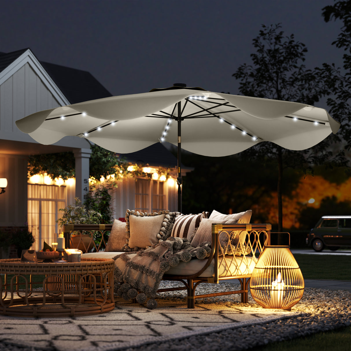 Polyester Tilting Parasol Umbrella With LED Solar Light 292cm Diameter - Velmora