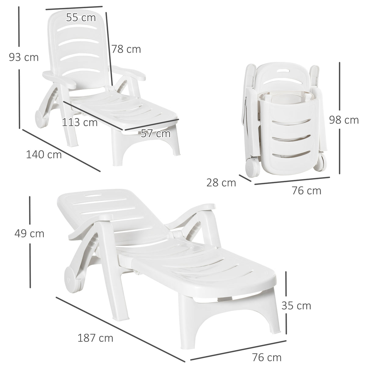 Polypropylene Folding Recliner Garden Sun Lounger on Wheels in Set of 2 - Velmora
