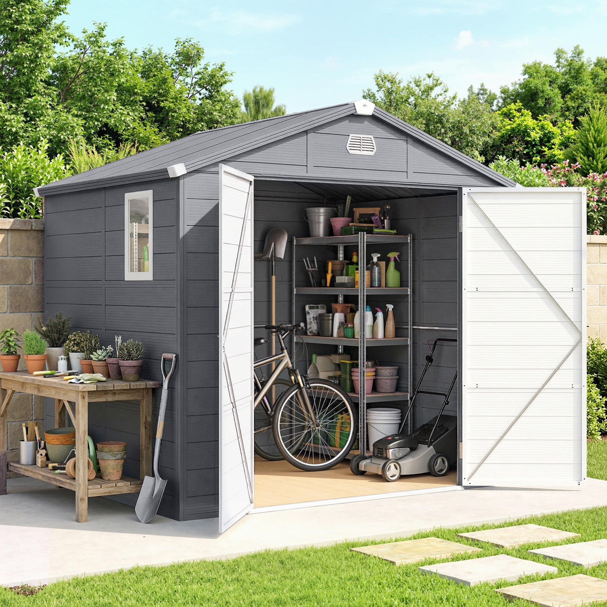Polypropylene Outdoor Garden Shed 7.9ft x 6.2ft With Aluminium Frame - Velmora