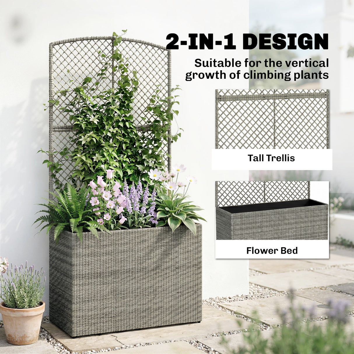 Rattan Outdoor Garden Planter With Trellis 80cm Wide - Velmora