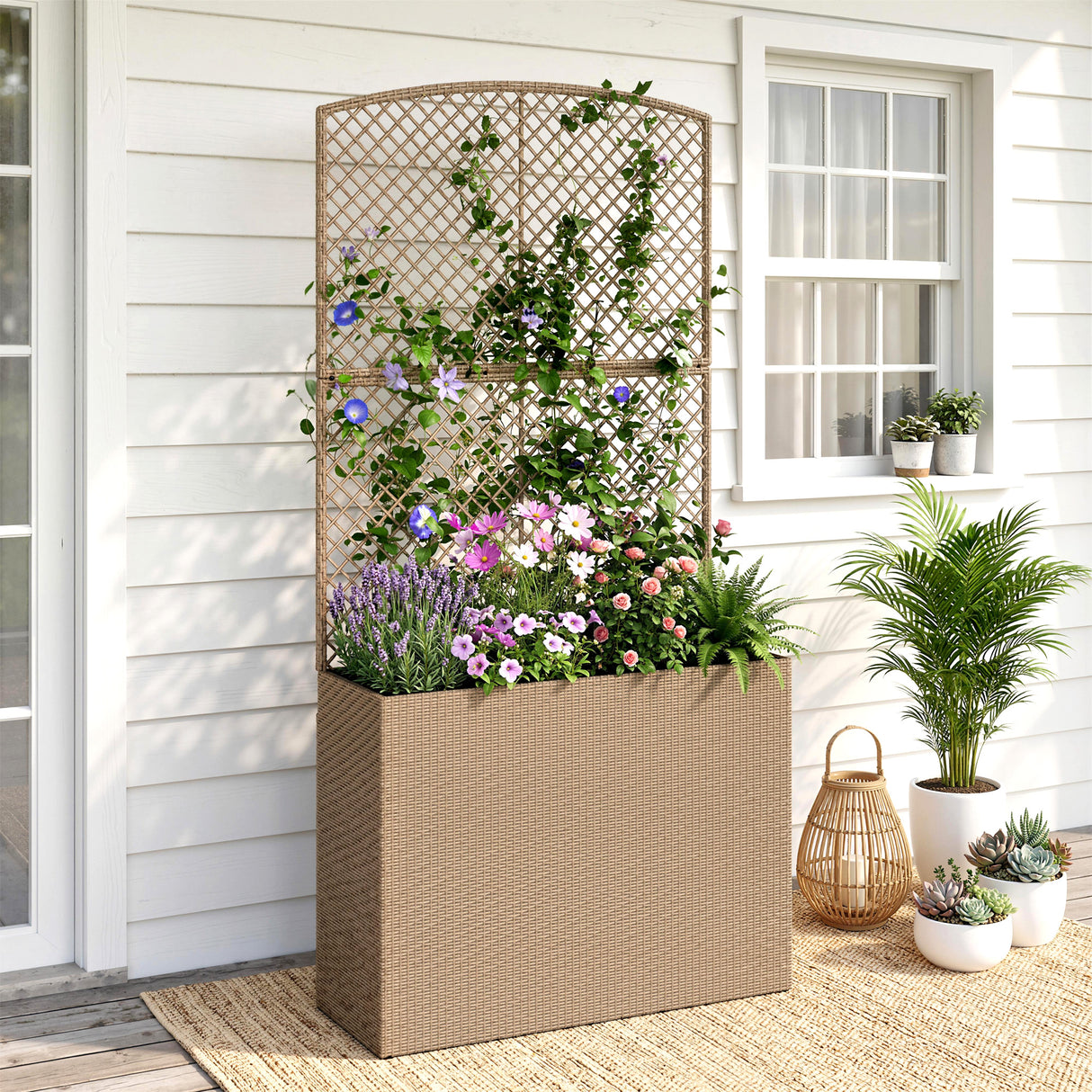 Rattan Outdoor Garden Planter With Trellis 80cm Wide - Velmora