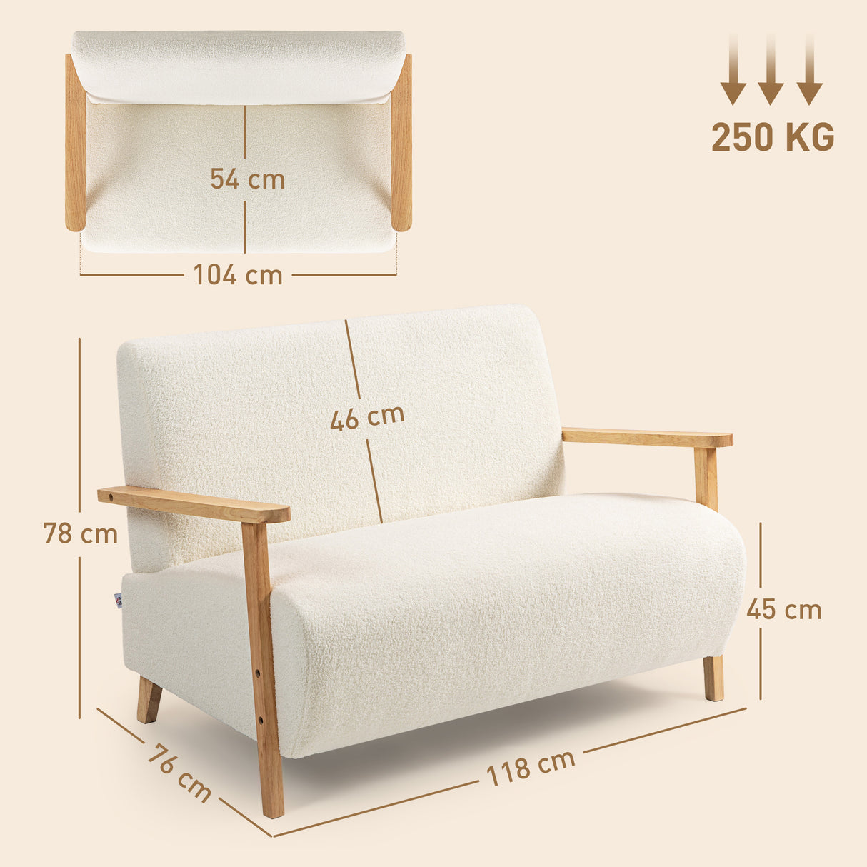 Sherpa Fabric 2 Seater Sofa 118cm Wide With Rubberwood Legs - Velmora