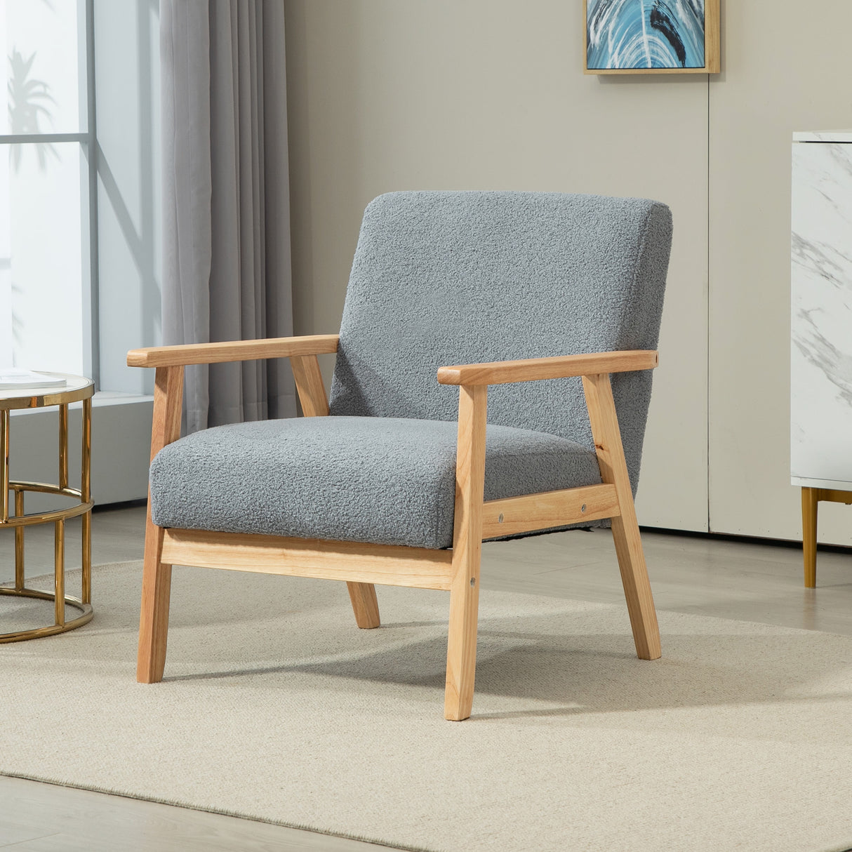 Sherpa Fleece Fabric Accent Chair 64cm Wide With Wooden Frame - Velmora