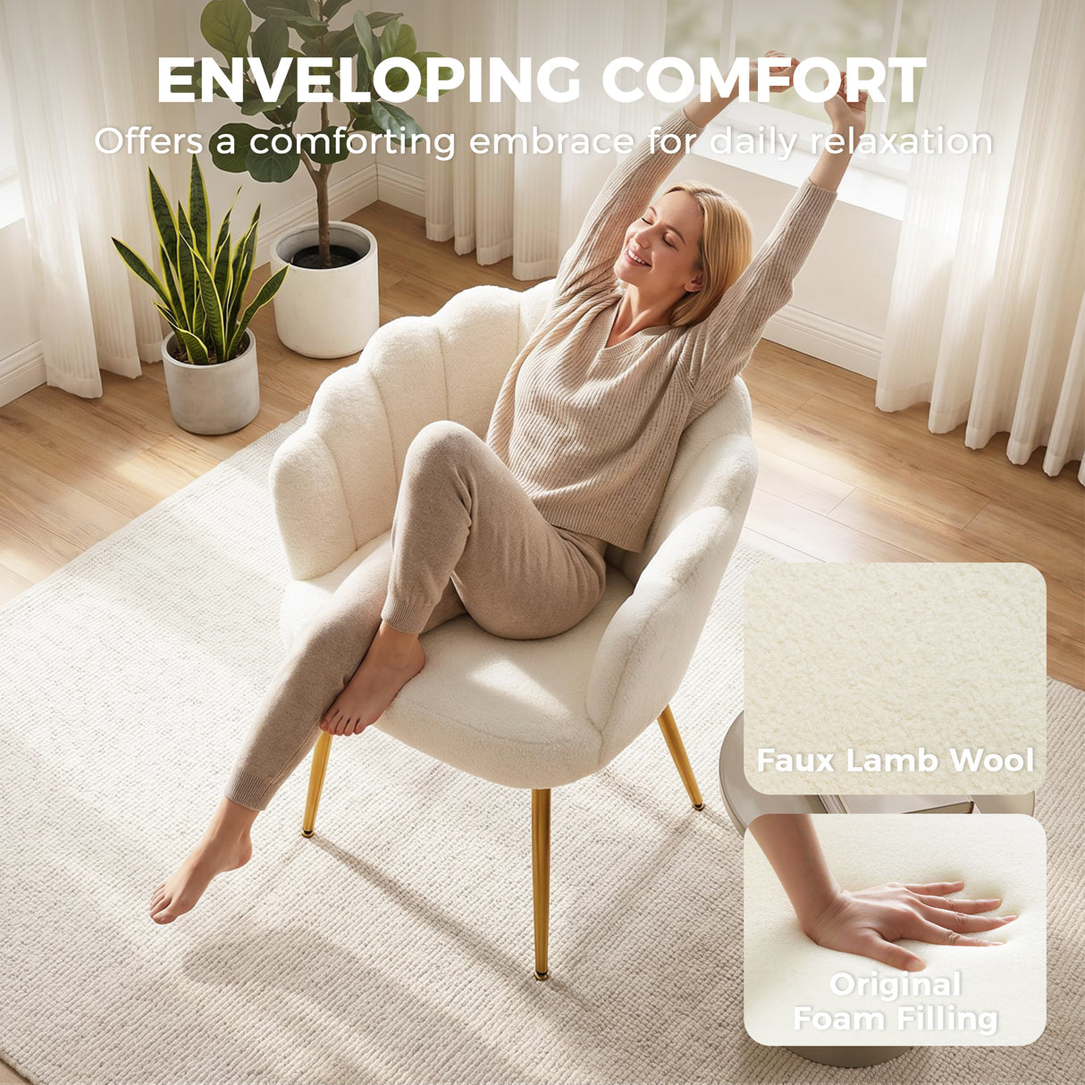 Sherpa Fleece Fabric Lounge Chair 61.5cm Wide With Metal Legs - Velmora