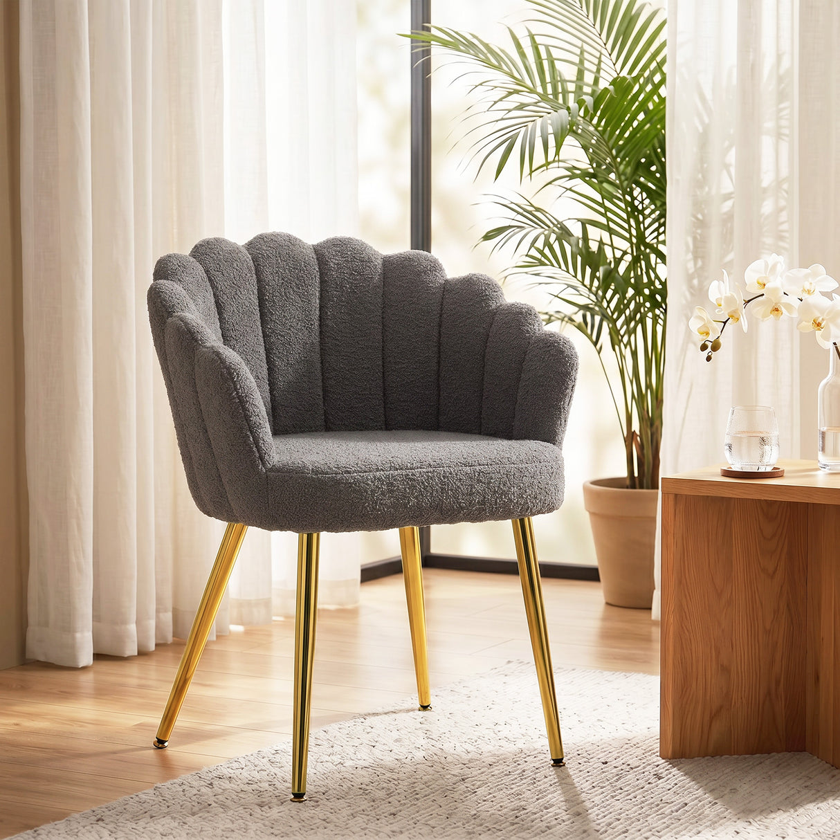 Sherpa Fleece Fabric Lounge Chair 61.5cm Wide With Metal Legs - Velmora