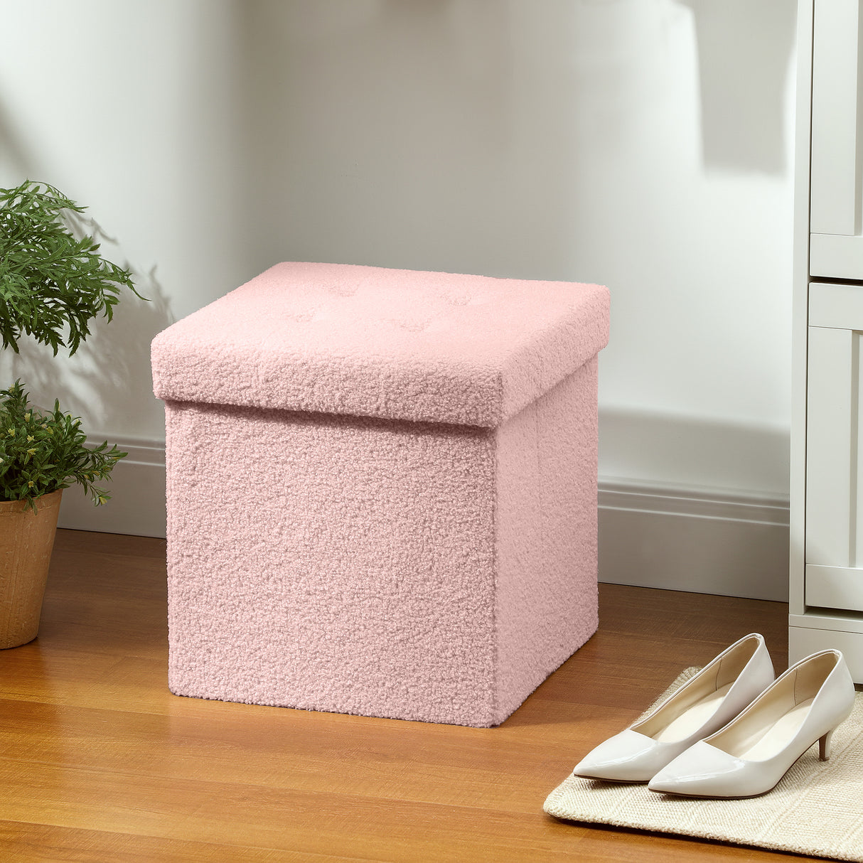 Sherpa Fleece Fabric Storage Ottoman 38cm Wide Square - Velmora