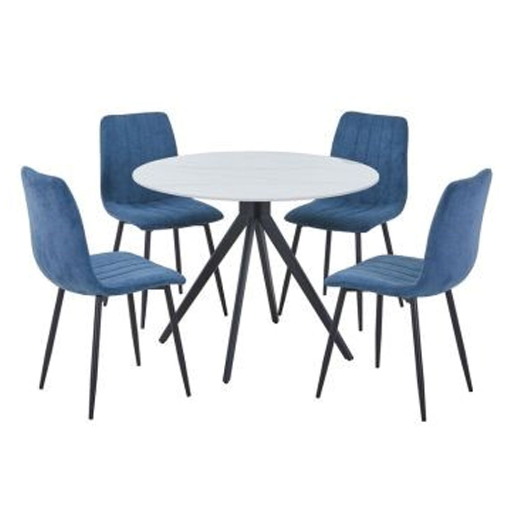Sintered Stone Dining Table in High Gloss White Round With 4 Straight Stitch Chairs - Aspen