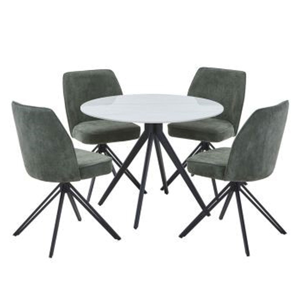 Sintered Stone Dining Table in High Gloss White Round With 4 Swivel Chairs - Aspen