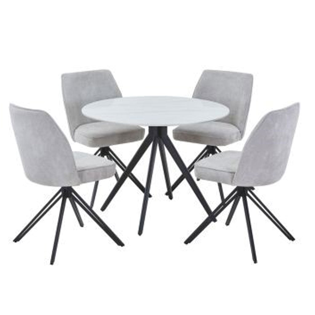 Sintered Stone Dining Table in High Gloss White Round With 4 Swivel Chairs - Aspen