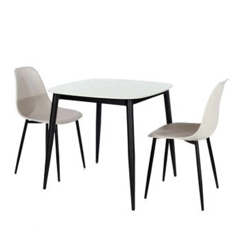 Sintered Stone Dining Table in High Gloss White Square With 2 Curve Chairs - Aspen