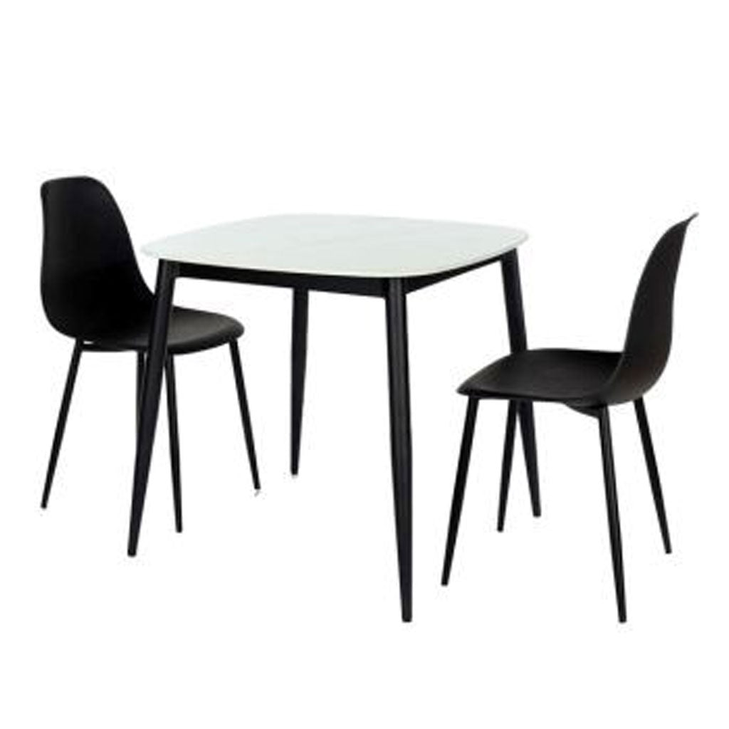 Sintered Stone Dining Table in High Gloss White Square With 2 Curve Chairs - Aspen