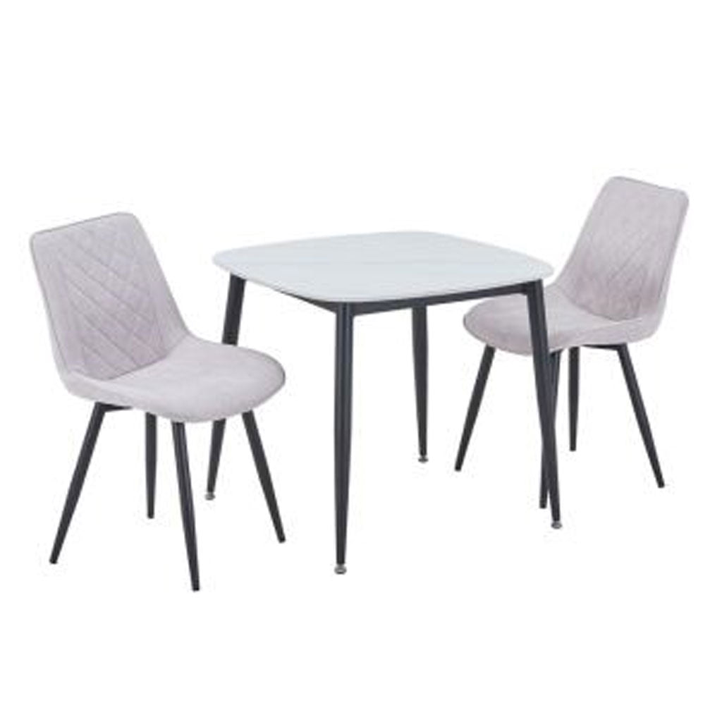 Sintered Stone Dining Table in High Gloss White Square With 2 Diamond Stitch Chairs - Aspen