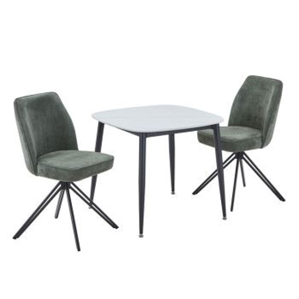 Sintered Stone Dining Table in High Gloss White Square With 2 Swivel Chairs - Aspen