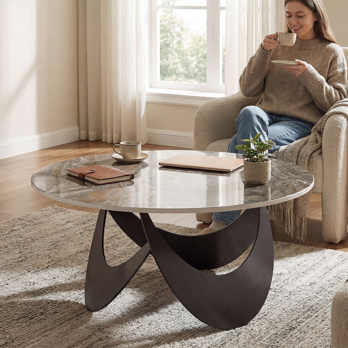 Sintered Stone Top Coffee Table Round With Adjustable Foot Pads - Velmora