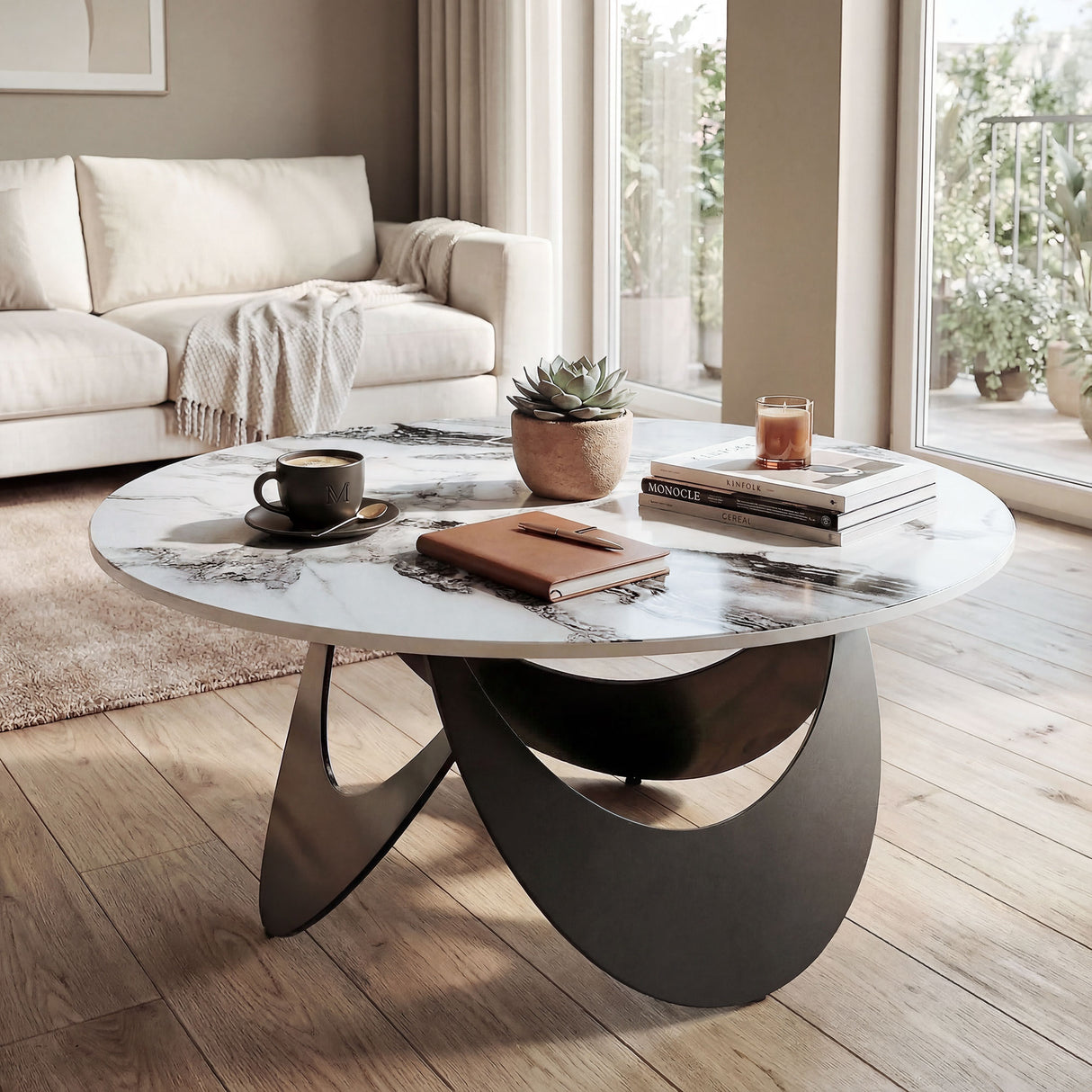 Sintered Stone Top Coffee Table Round With Adjustable Foot Pads - Velmora
