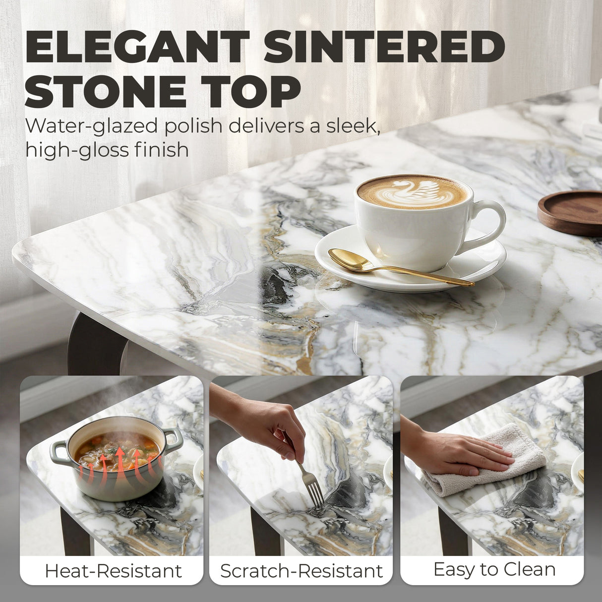 Sintered Stone Top Modern Kitchen Dining Table Rectangular for 4 People - Velmora