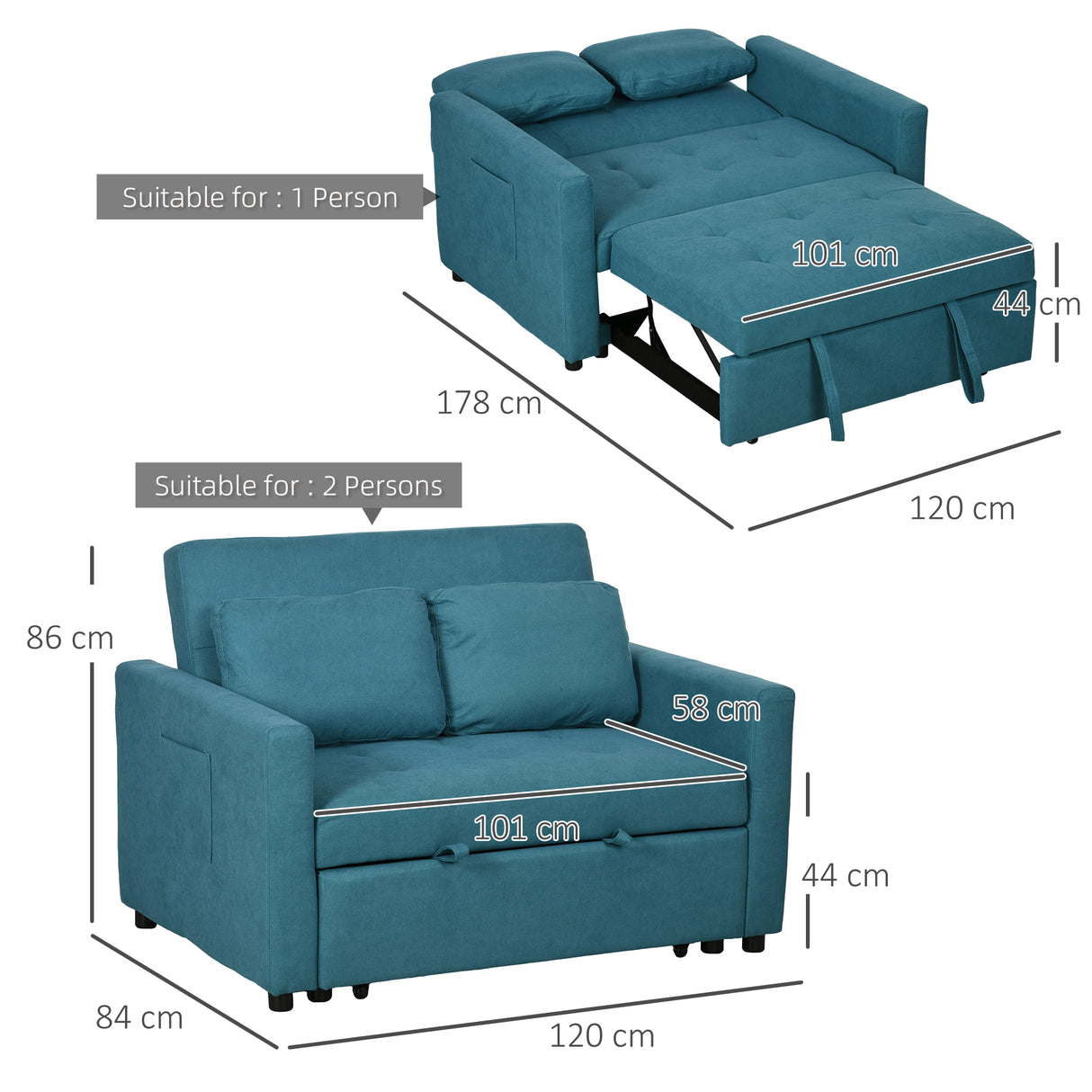 Snow Flannel Fabric 2 Seater Sofa Bed 120cm Wide With 2 Pillows - Velmora