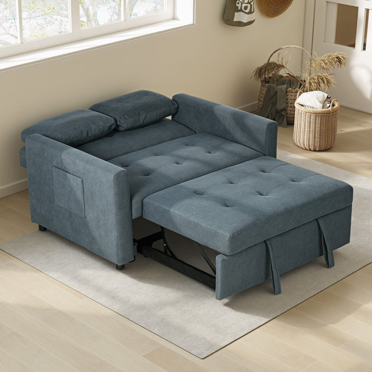 Snow Flannel Fabric 2 Seater Sofa Bed 120cm Wide With 2 Pillows - Velmora