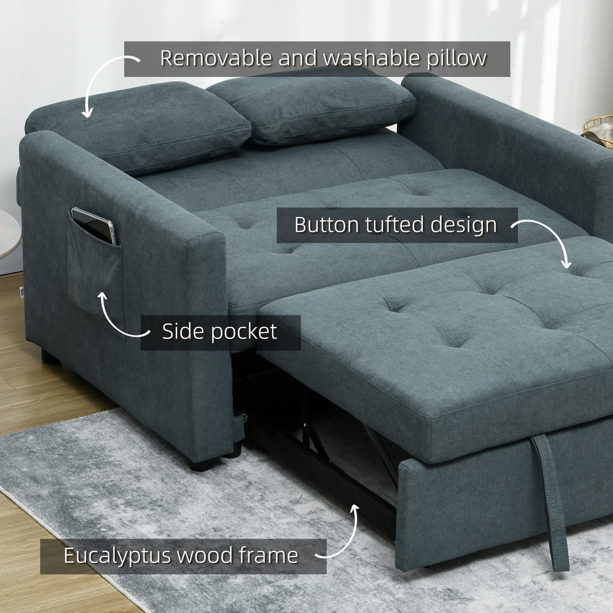 Snow Flannel Fabric 2 Seater Sofa Bed 120cm Wide With 2 Pillows - Velmora