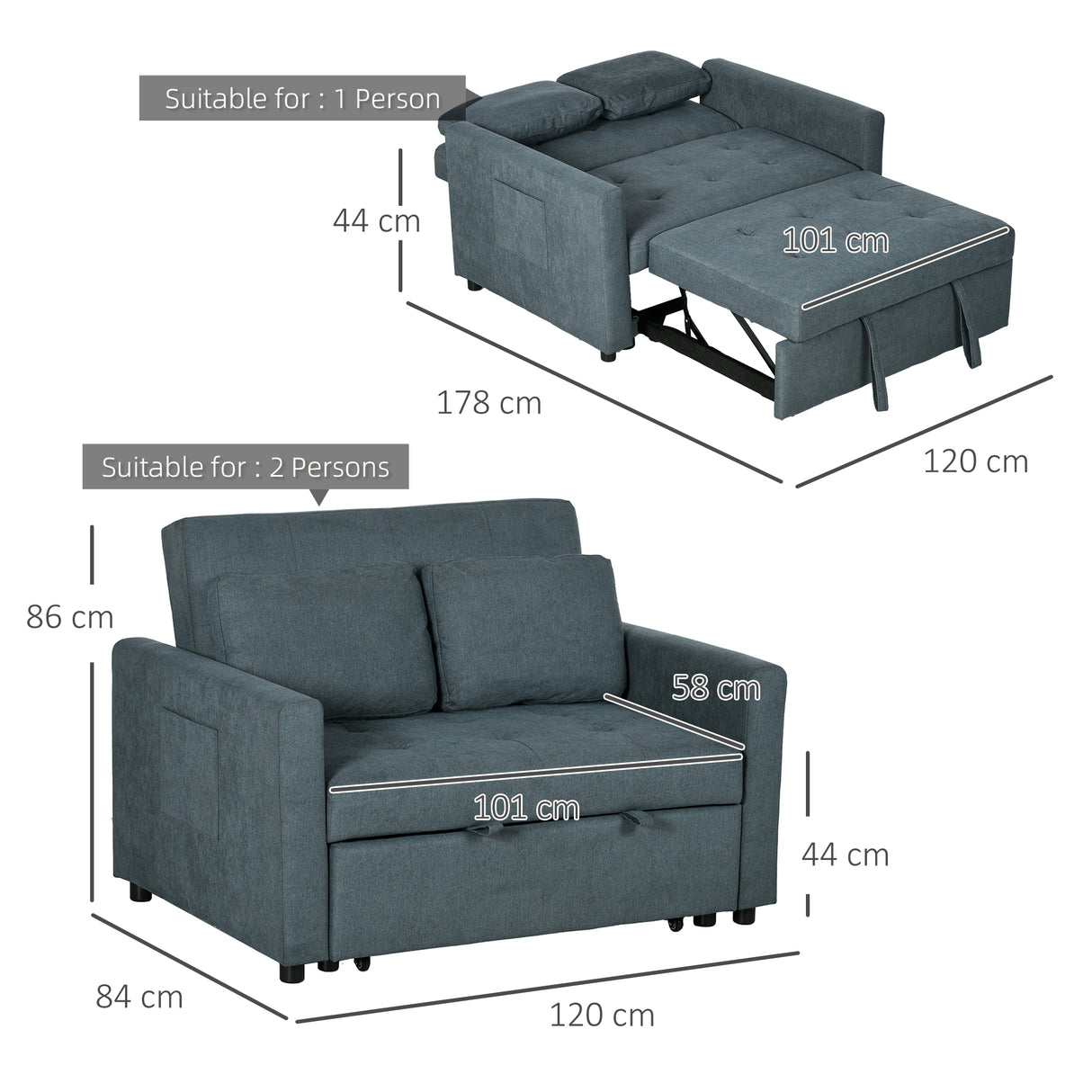 Snow Flannel Fabric 2 Seater Sofa Bed 120cm Wide With 2 Pillows - Velmora