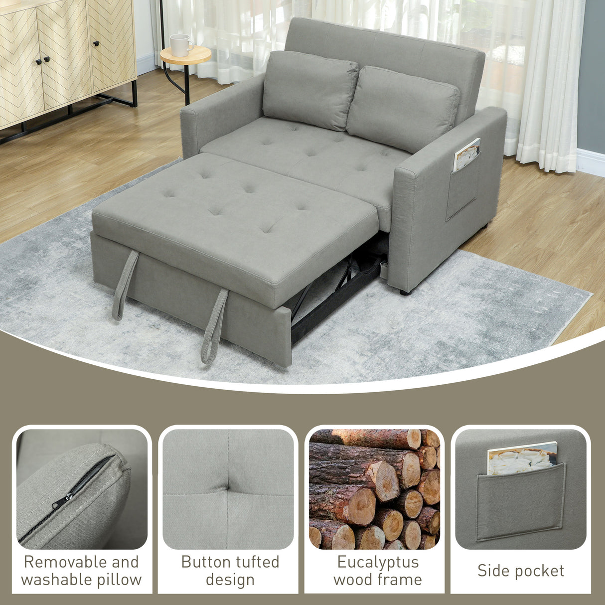Snow Flannel Fabric 2 Seater Sofa Bed 120cm Wide With 2 Pillows - Velmora