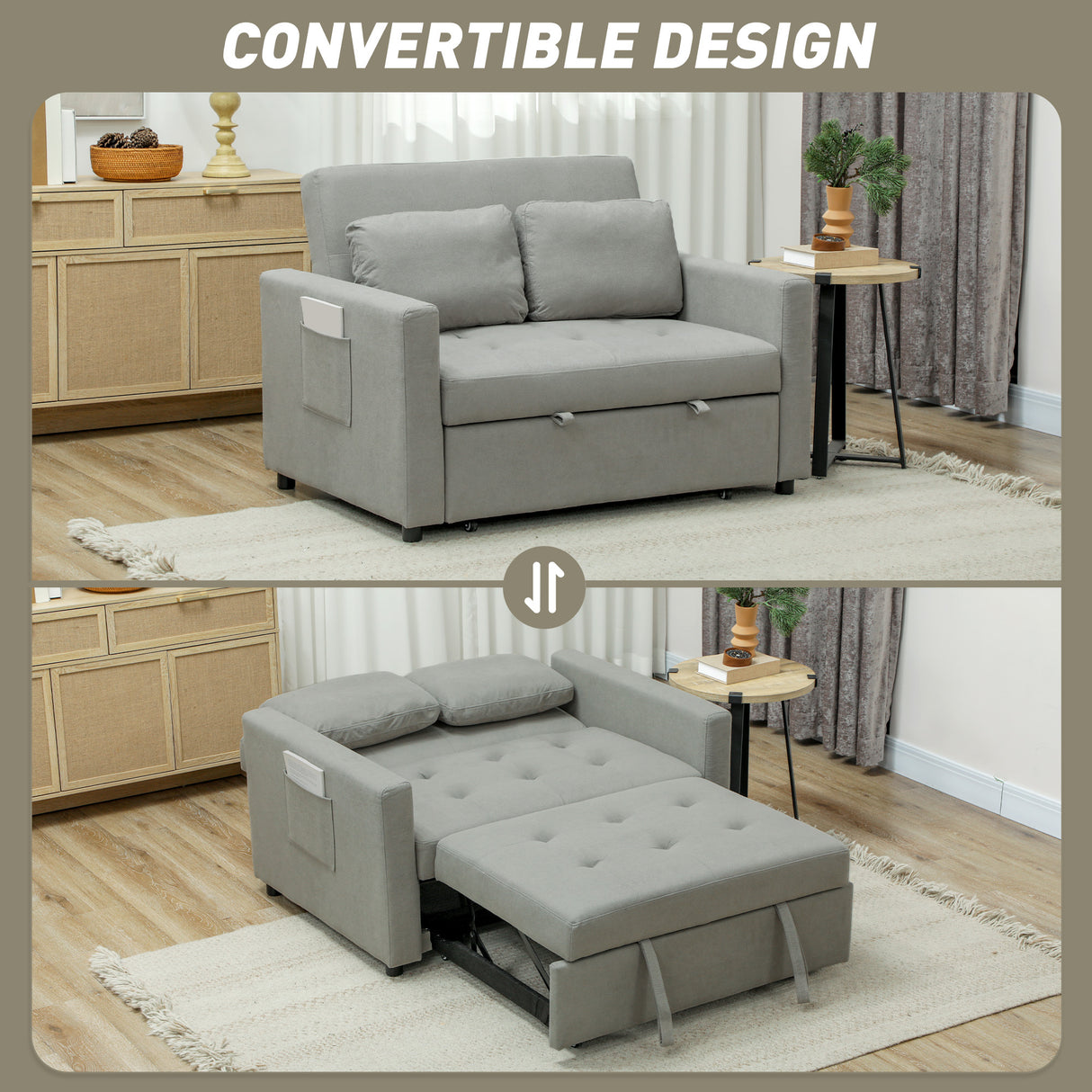 Snow Flannel Fabric 2 Seater Sofa Bed 120cm Wide With 2 Pillows - Velmora