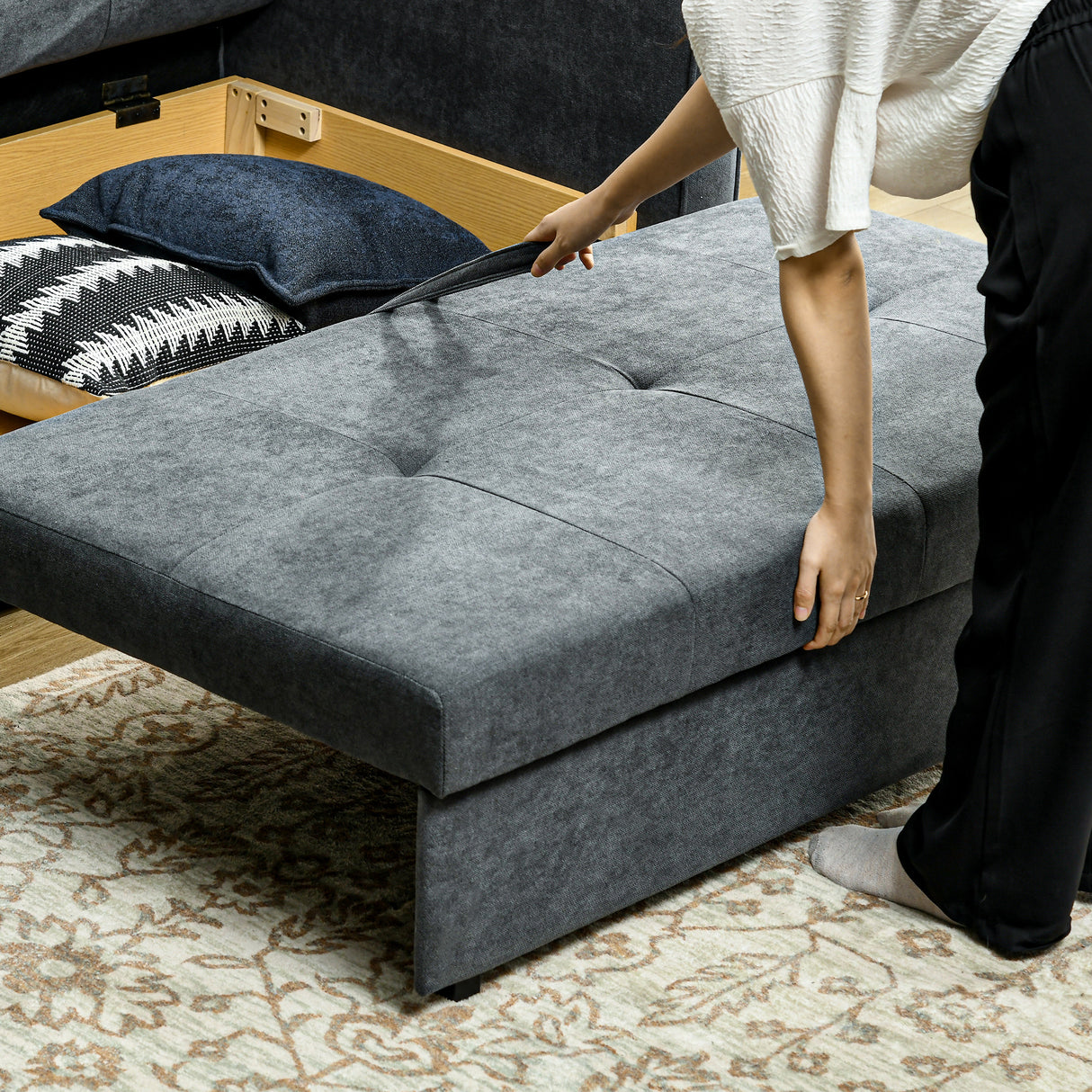 Snow Flannel Fabric 2 Seater Sofa Bed 152cm Wide With Storage And 2 Pillows - Velmora