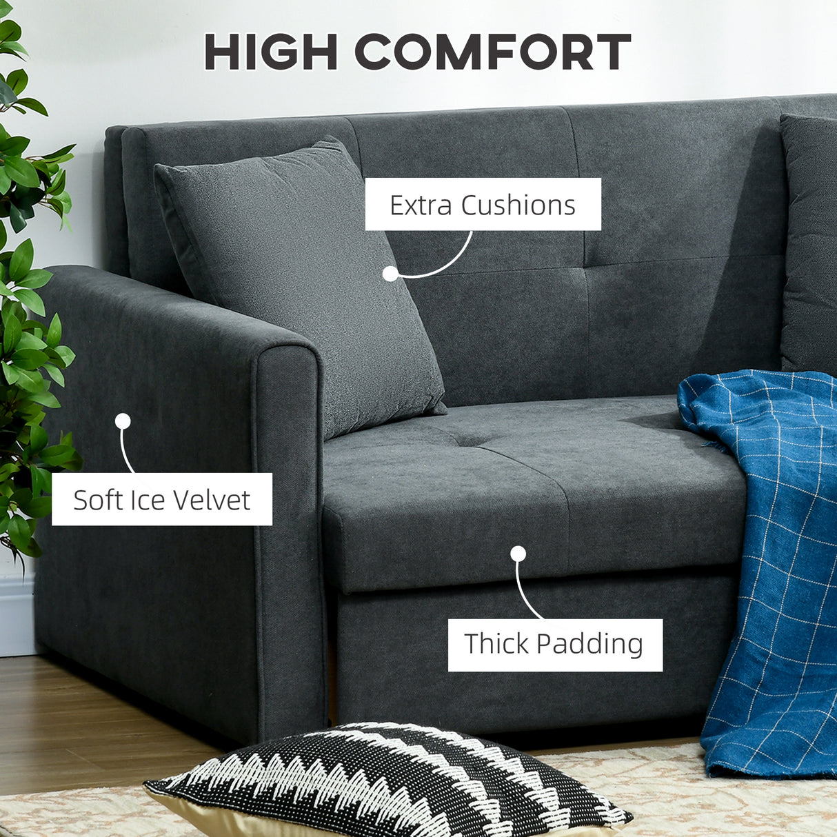 Snow Flannel Fabric 2 Seater Sofa Bed 152cm Wide With Storage And 2 Pillows - Velmora