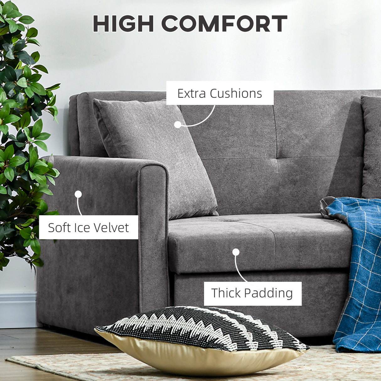 Snow Flannel Fabric 2 Seater Sofa Bed 152cm Wide With Storage And 2 Pillows - Velmora