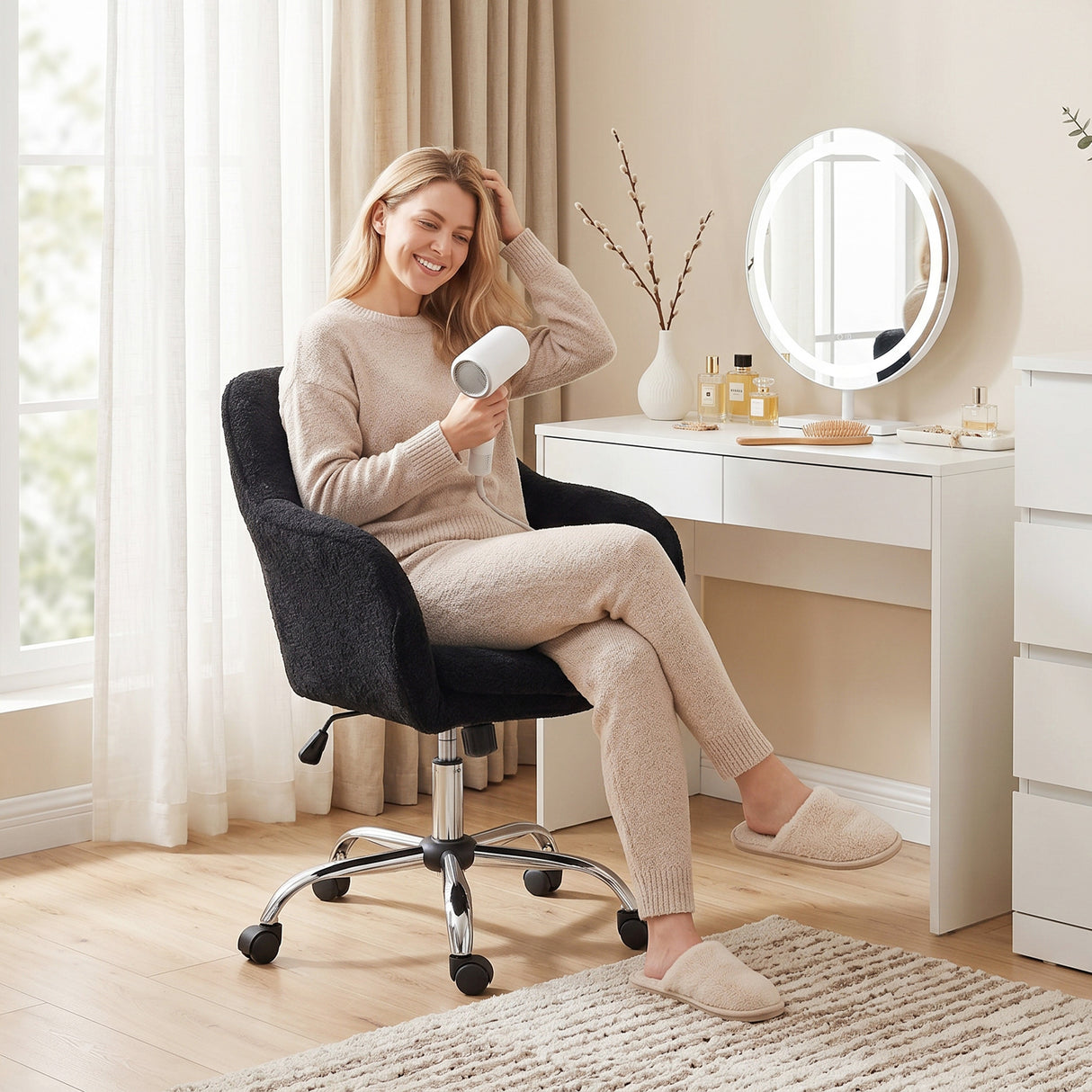 Snow Flannel Fabric Home And Office Chair 64cm Wide - Velmora