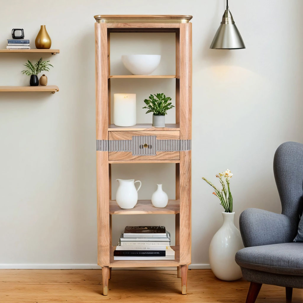 Solid Acacia Wood Bookcase With 1 Drawer And 4 Shelves - Wilton