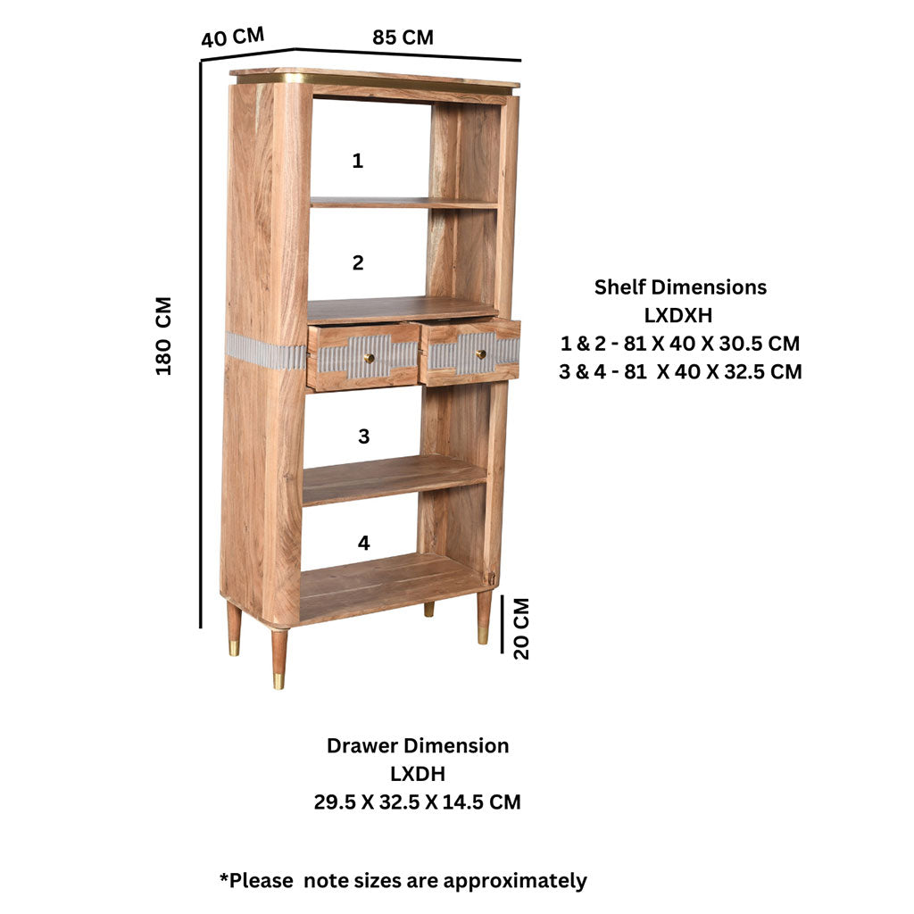 Solid Acacia Wood Bookcase With 2 Drawers And 4 Shelves - Wilton