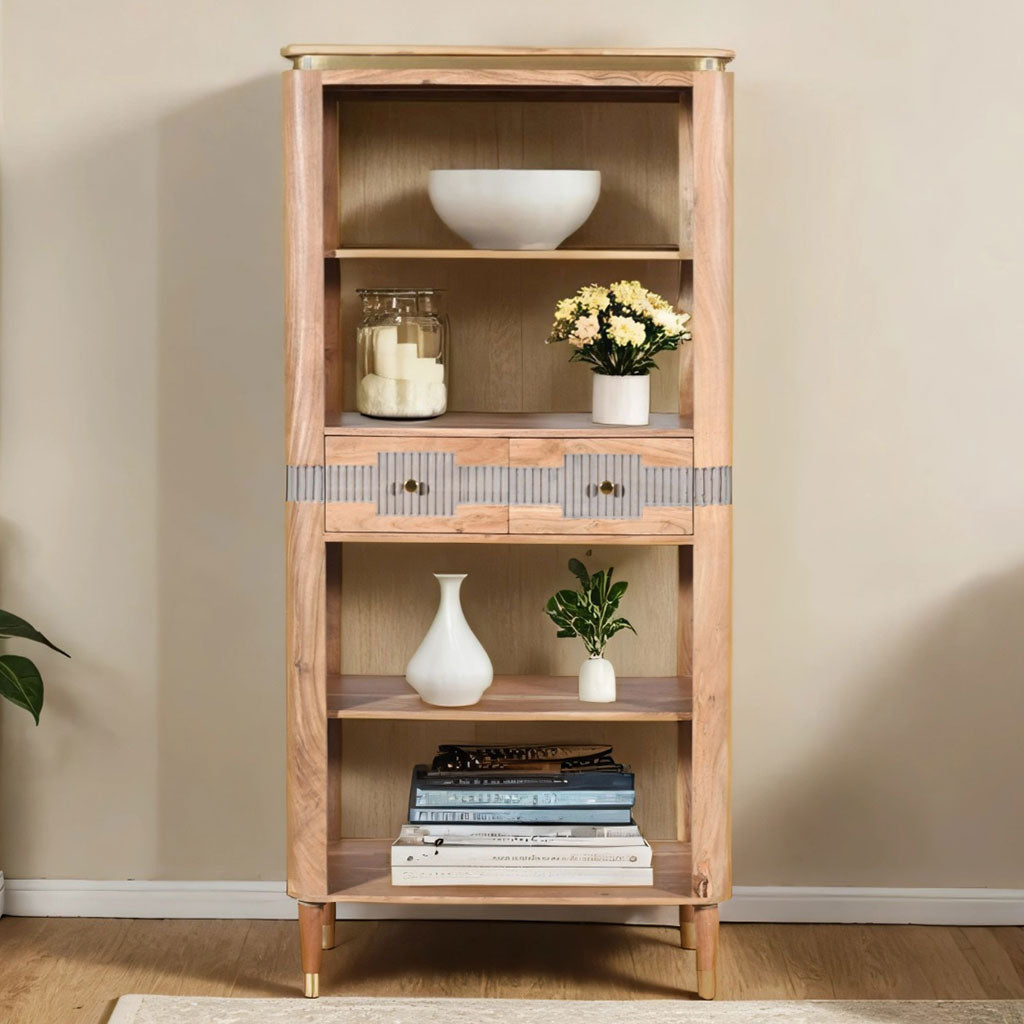 Solid Acacia Wood Bookcase With 2 Drawers And 4 Shelves - Wilton