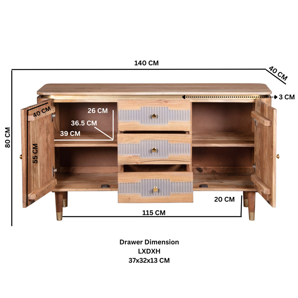 Solid Acacia Wood Sideboard With 2 Doors And 3 Drawers - Wilton