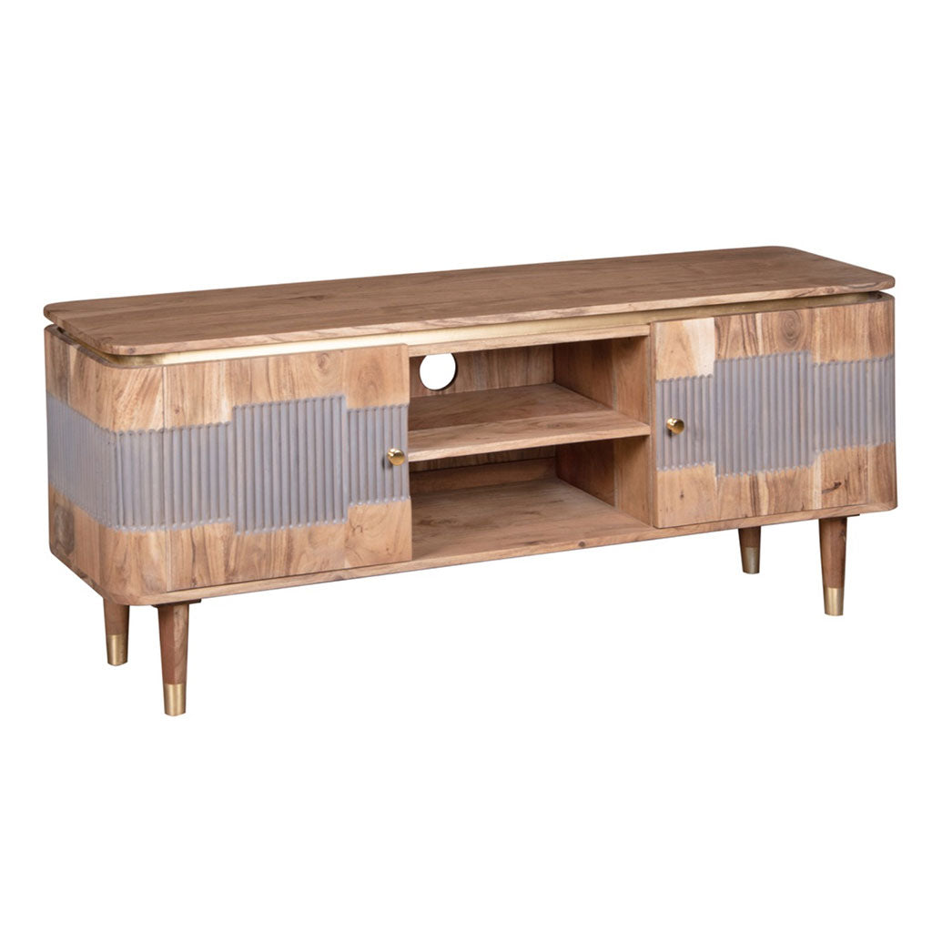 Solid Acacia Wood TV Stand With 2 Doors And 2 Shelves - Wilton