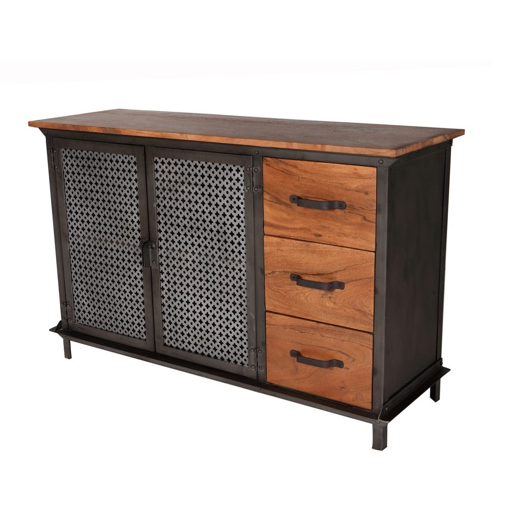 Solid Hardwood Sideboard With 2 Doors 3 Drawer And Metal Frame - Evoke