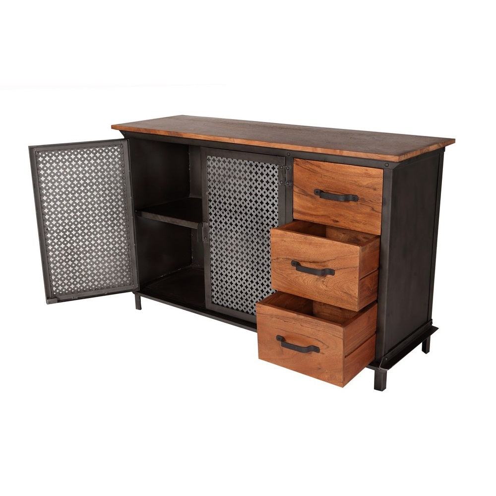 Solid Hardwood Sideboard With 2 Doors 3 Drawer And Metal Frame - Evoke