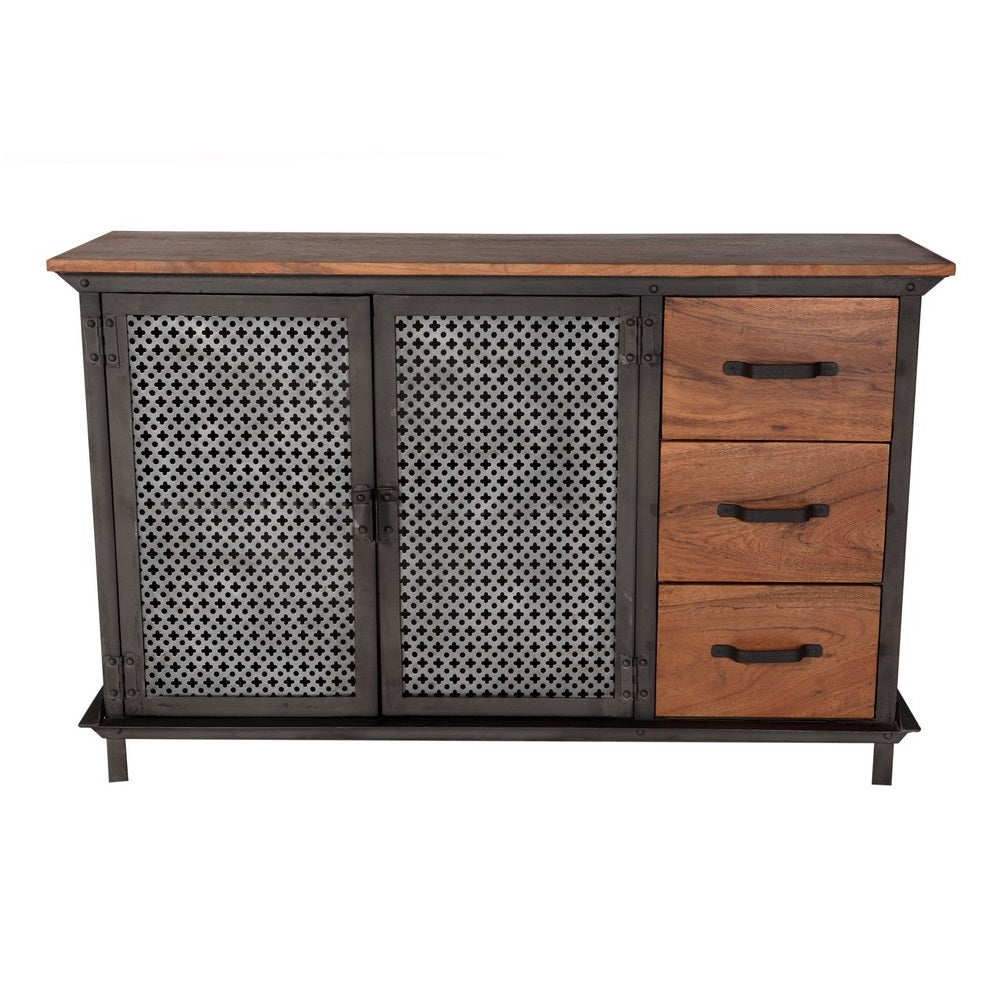Solid Hardwood Sideboard With 2 Doors 3 Drawer And Metal Frame - Evoke