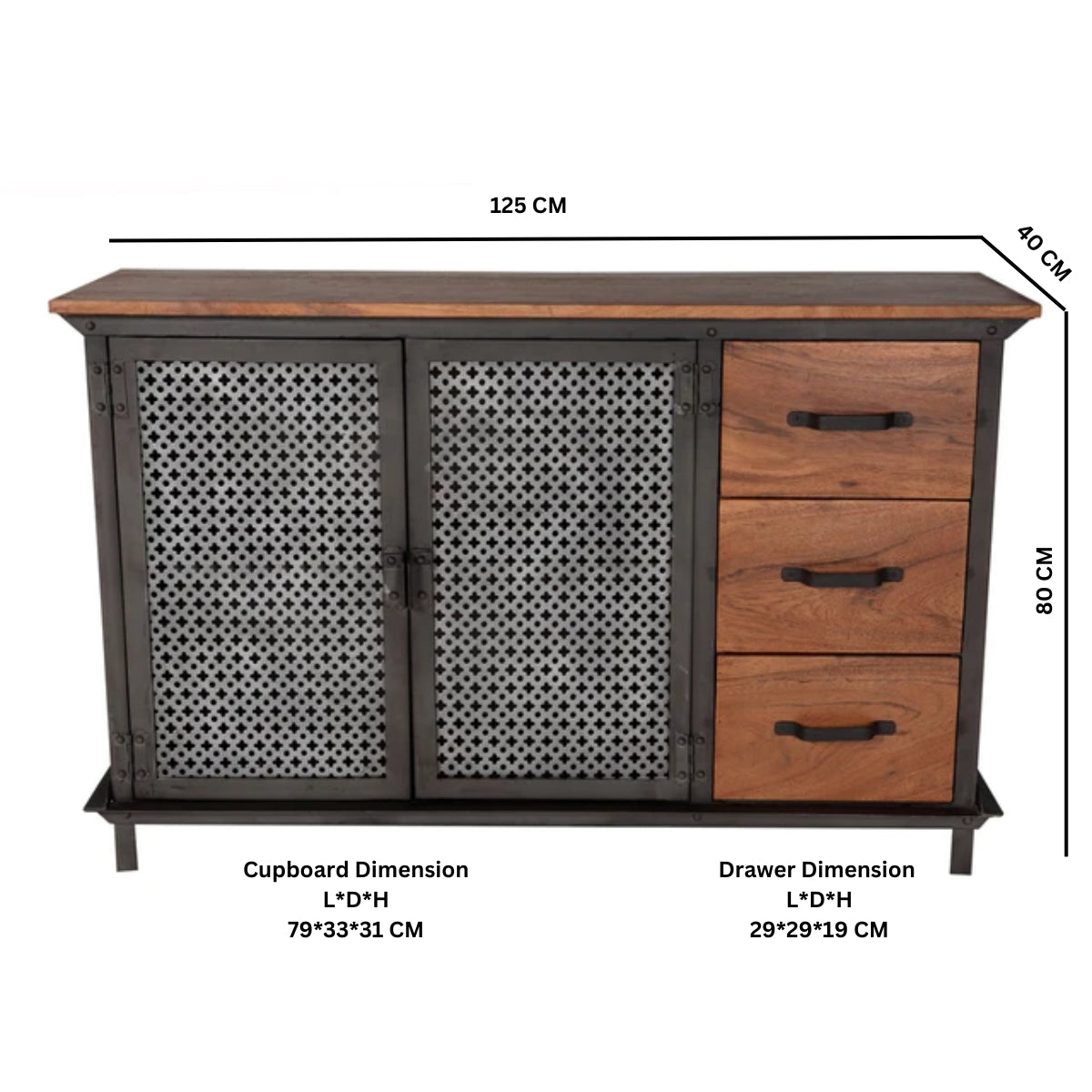 Solid Hardwood Sideboard With 2 Doors 3 Drawer And Metal Frame - Evoke