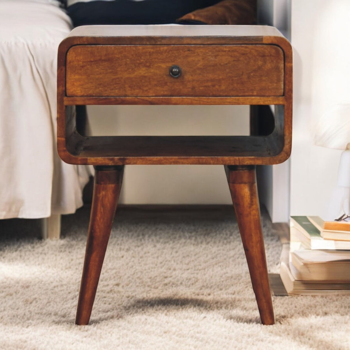 Solid Mango Wood Bedside Cabinet With 1 Drawer And Open Slot - Avora