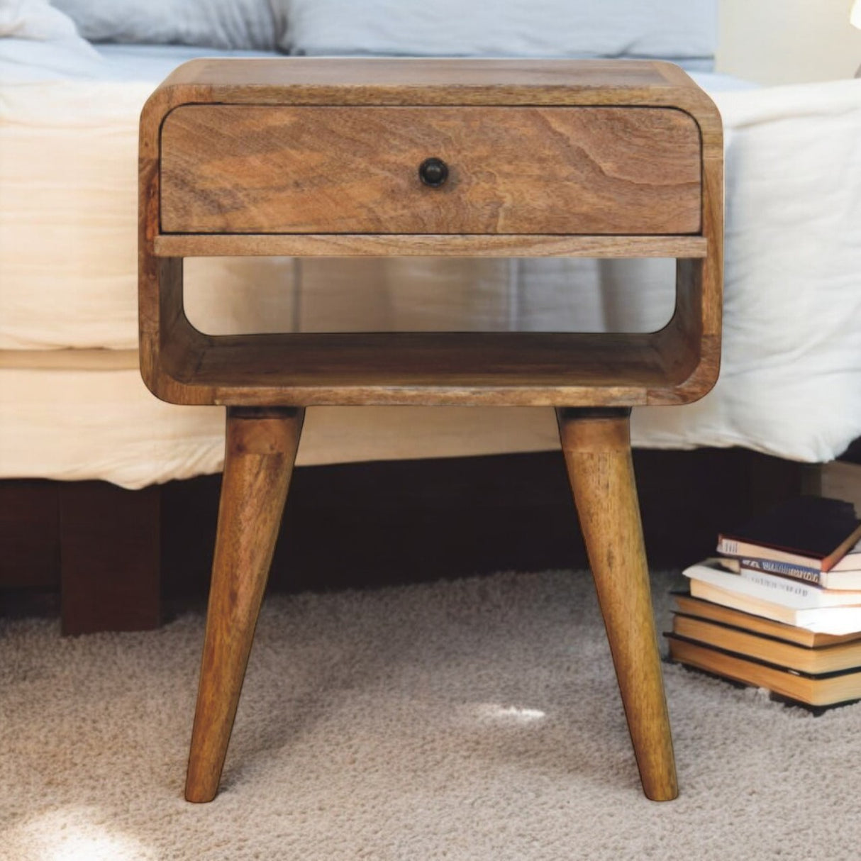 Solid Mango Wood Bedside Cabinet With 1 Drawer And Open Slot - Avora