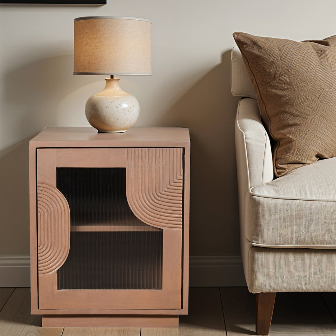 Solid Mango Wood Bedside Cabinet With 1 Fluted Glass Door - Indus