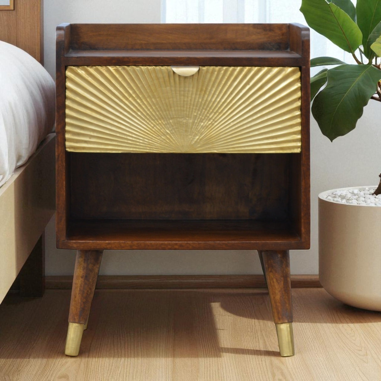 Solid Mango Wood Bedside Cabinet With 1 Gold Front Drawer - Manila