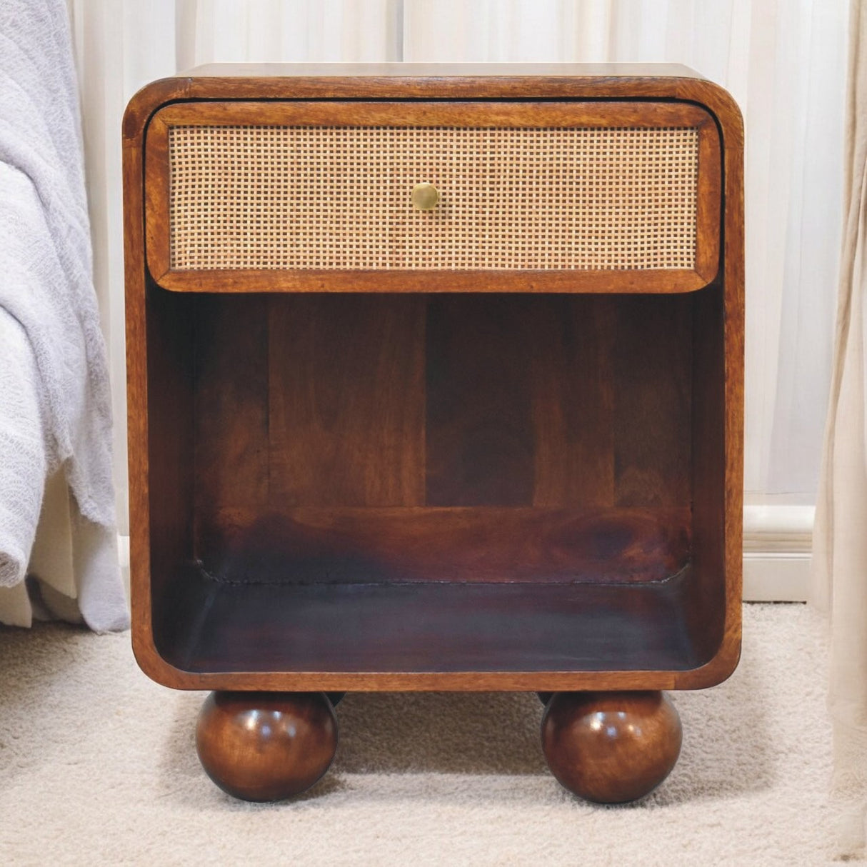 Solid Mango Wood Bedside Cabinet With 1 Woven Front Drawer - Birmingham