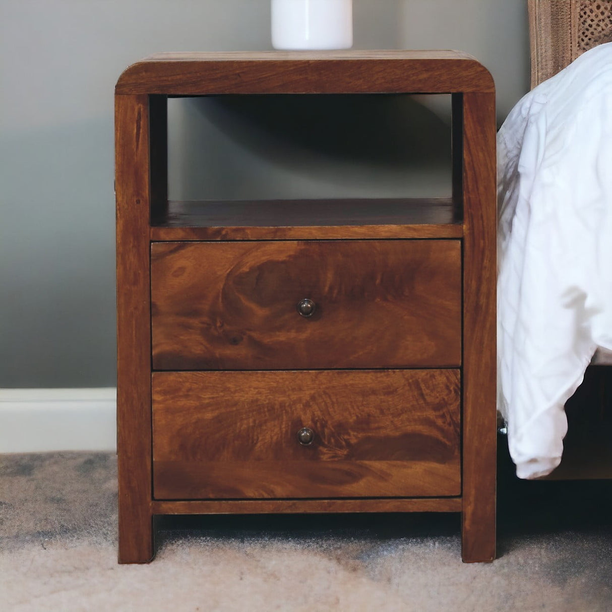 Solid Mango Wood Bedside Cabinet With 2 Drawers - Aspen