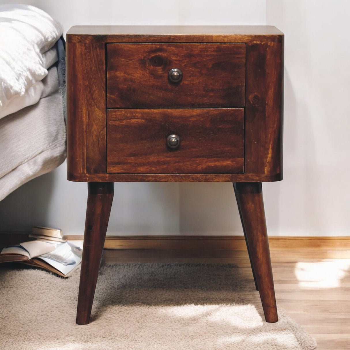 Solid Mango Wood Bedside Cabinet With 2 Drawers - Bera