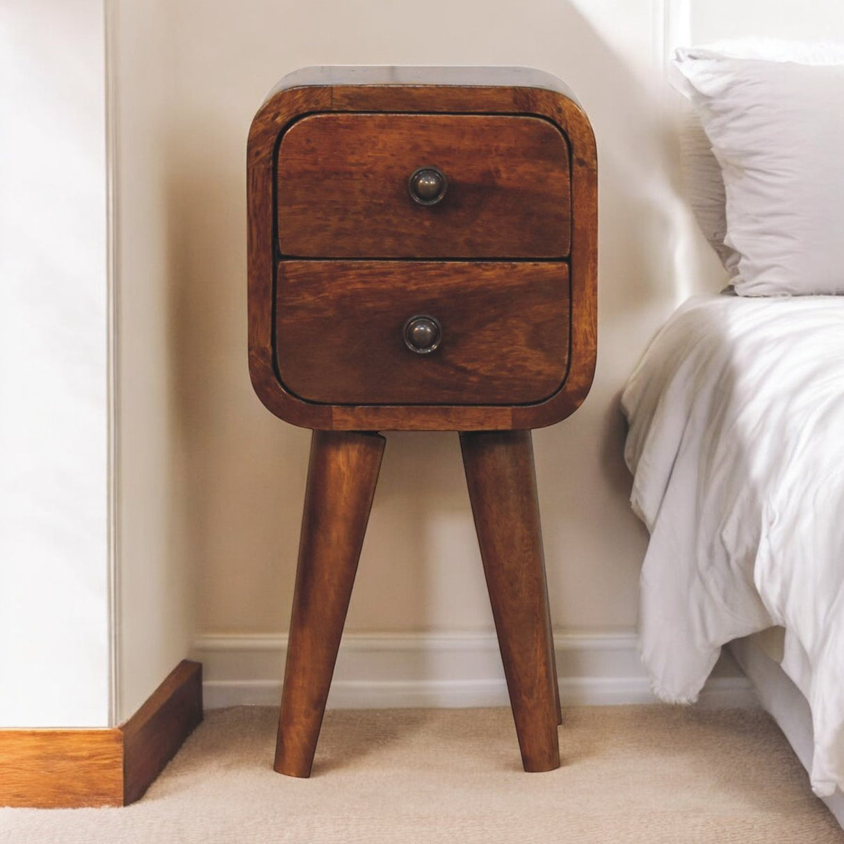 Solid Mango Wood Bedside Cabinet With 2 Drawers - Exeter