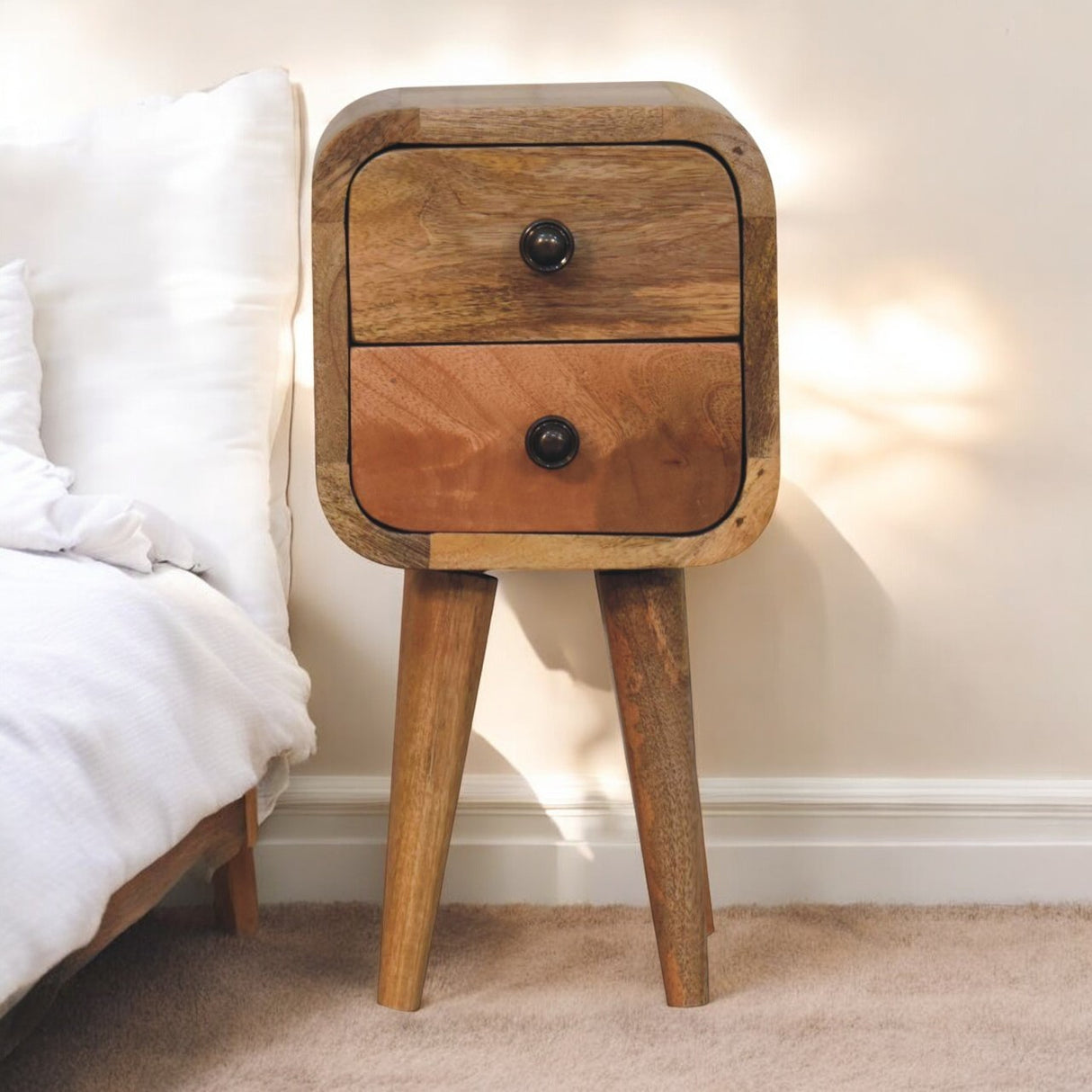Solid Mango Wood Bedside Cabinet With 2 Drawers - Exeter