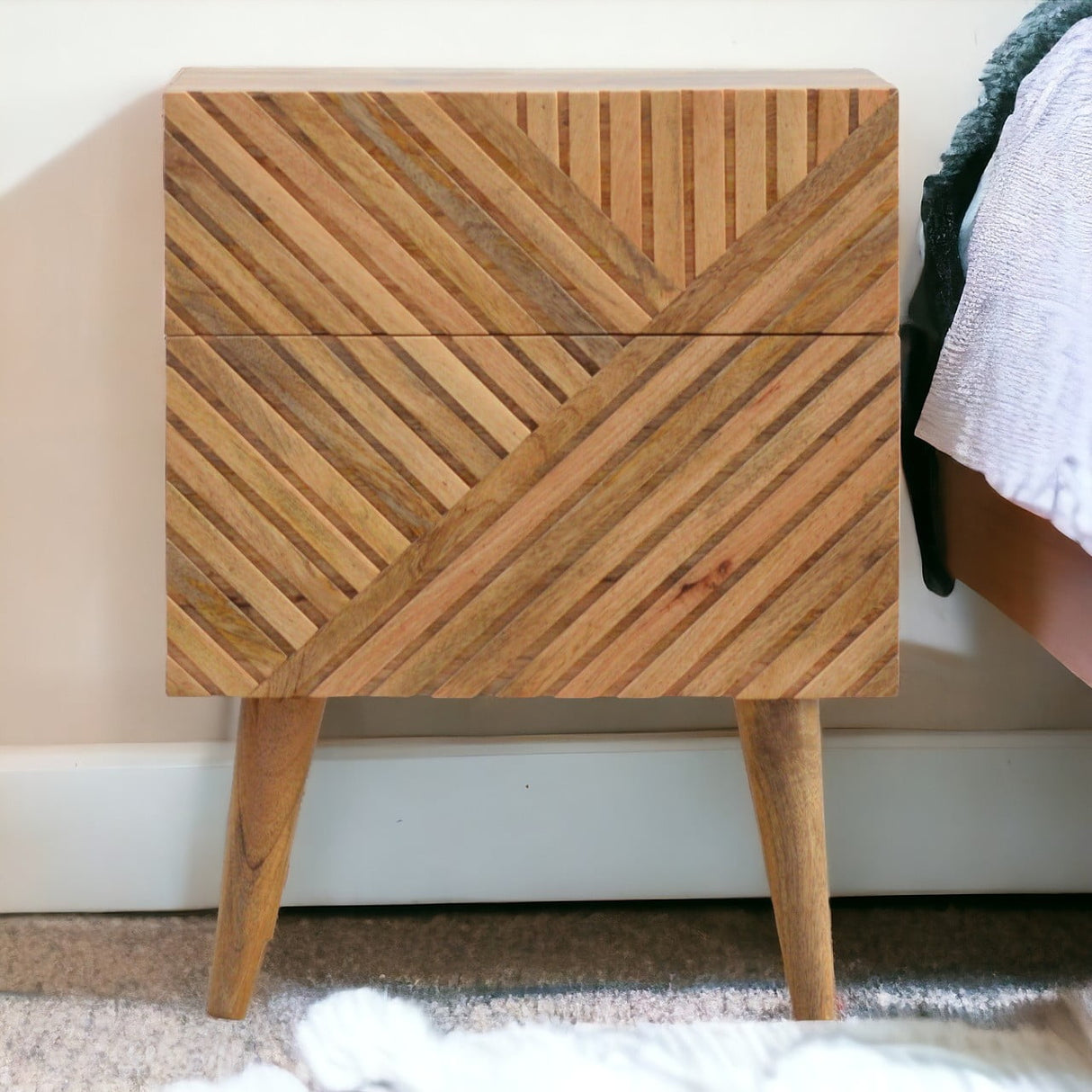 Solid Mango Wood Bedside Cabinet With 2 Drawers - Lille