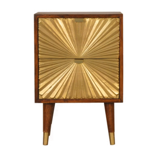 Solid Mango Wood Bedside Cabinet With 2 Gold Front Drawers - Manila